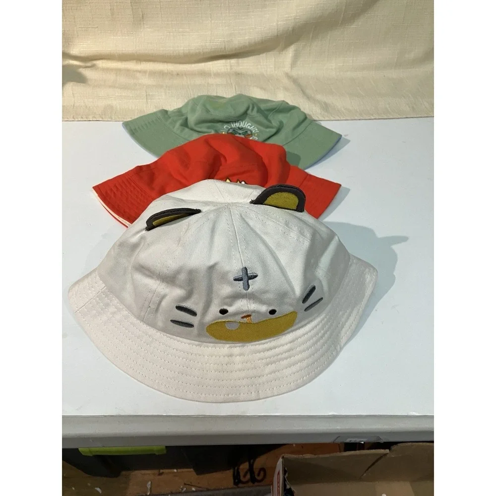 Girls Cartoon Embroidered Cotton Bucket Hats Set - Green, Red, Beige, Breathable